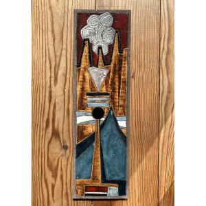 Decorative Lava Stone Plaque Circa 1960 Enameled Bas-relief (in The Style Of Lurçat, Correct)