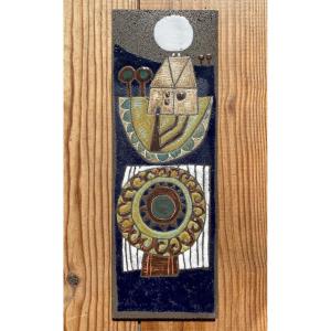 Decorative Lava Stone Plaque Circa 1960 Enameled Bas-relief (in The Style Of Lurçat, Correct)