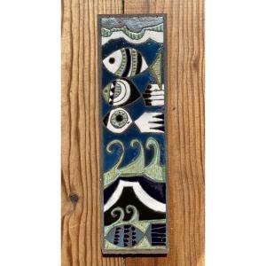 Decorative Lava Stone Plaque Circa 1960 Enameled Bas-relief (in The Style Of Lurçat, Correct)