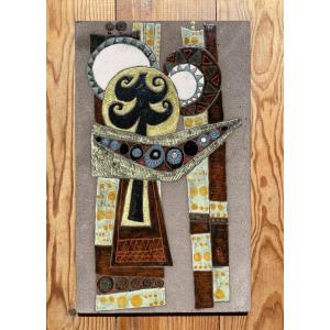 Decorative Lava Stone Plaque Circa 1960 Enameled Bas-relief (in The Style Of Lurçat, Correct)