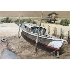 Pinasse On The Mimbeau- Cap Ferret, Arcachon Bay, Michel Brosseau 97. Large Oil/canvas  