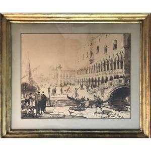 Venice. André Maire. Large Wash On Paper. 1927. Doge's Palace. Saint Mark's Basilica.