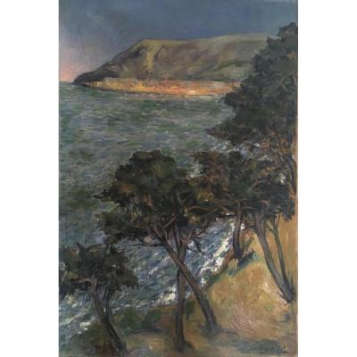 Eugène Léon L 'hoest. Oil On Panel, View Of The Mediterranean Sea. 1920. Beautiful Format.