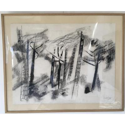 Pierre Théron. Original Charcoal Drawing. Pines On The Arcachon Basin.