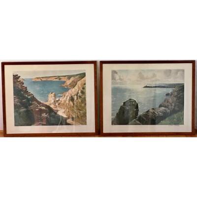 Pair Of Aquatints By Paul-émile Lecomte (1877-1950) Côtes Atlantique Bretagne - Exc. State.