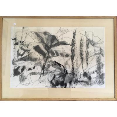 Pierre Theron. Original Drawing Around 1960. Study Of Flowers, Charcoal On Framed Paper (oak)