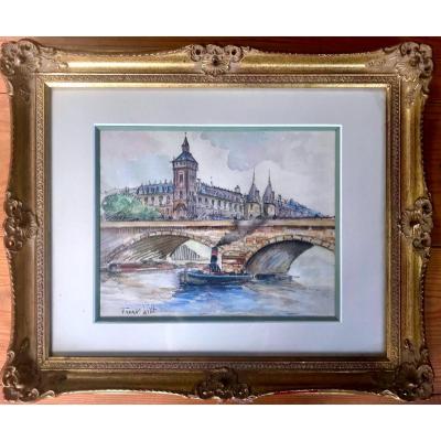 Frank Will (1900-1950) Enhanced Watercolor Quais De Seine In Paris Early 20th Century