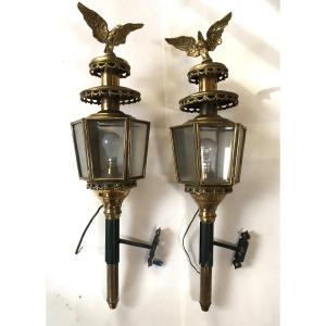 Important Pair Of Coach Sconces Around 1940, Beveled Glass, Bronze Eagle.