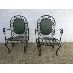 Pair Of Wrought Iron Fireside Chairs, Work From The 1940s.