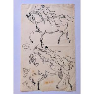 Georges De Sonneville Ink On Paper Drawing Horsemen In Motion Signed And Stamped 1913