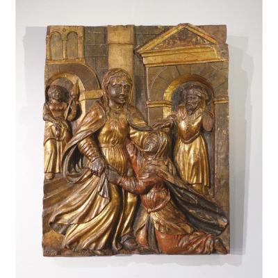Italian Low Relief Representing "the Visitation", Polychrome Wood, Early 17th Century