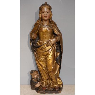 Sainte Catherine In Polychrome Gilded Carved Wood Circa 1520-1530