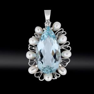 Aquamarine Pear Pendant With Pearls And Brilliant Circa 1970