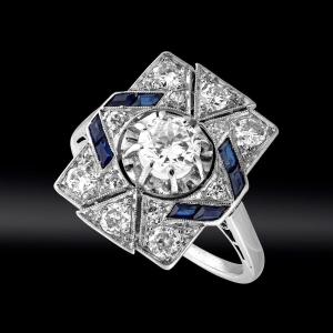 Rectangle Ring Calibrated Sapphires And Diamonds Circa 1925