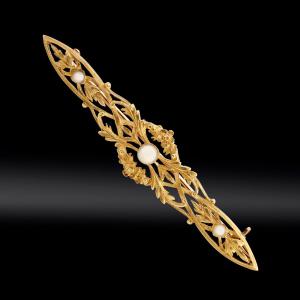 Floral Motif And Fine Pearl Barrette Brooch, Late 19th Century 