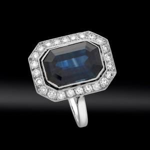 Rectangular Ring With Cut Sides, Sapphire And Diamonds, Circa 1920 