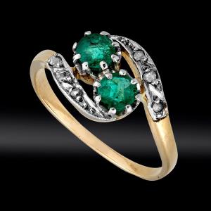 "toi Et Moi" Ring, Rose-cut Emeralds And Diamonds, Late 19th Century 