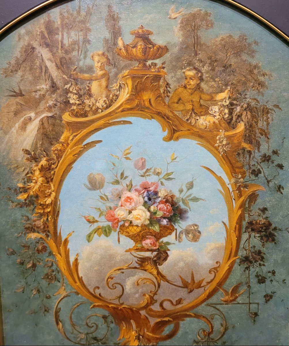 Dipinto ornamentale con vaso di fiori e putti di fine XIX secolo-photo-3
