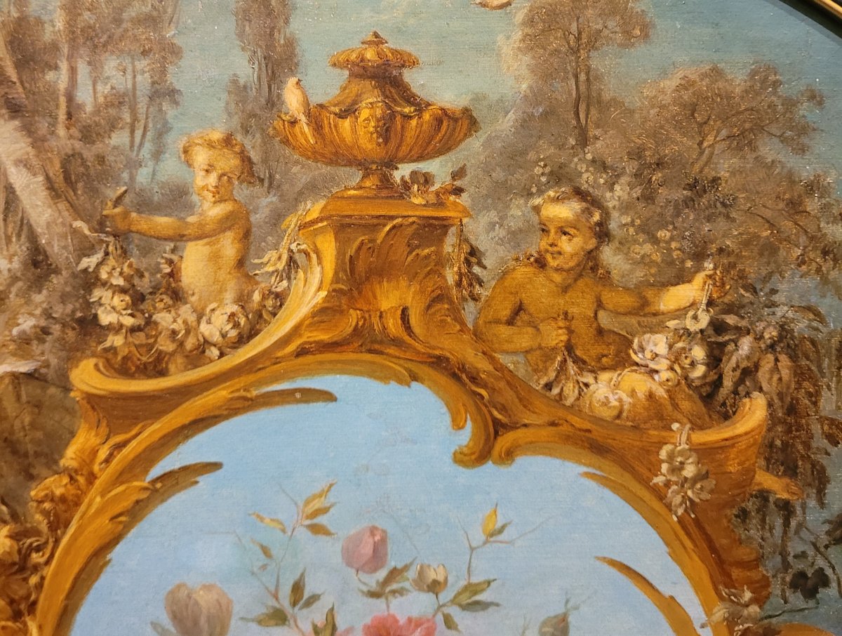Dipinto ornamentale con vaso di fiori e putti di fine XIX secolo-photo-1
