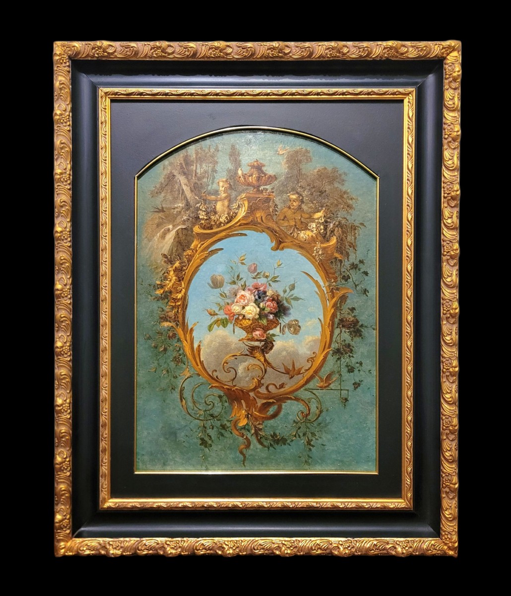 Dipinto ornamentale con vaso di fiori e putti di fine XIX secolo