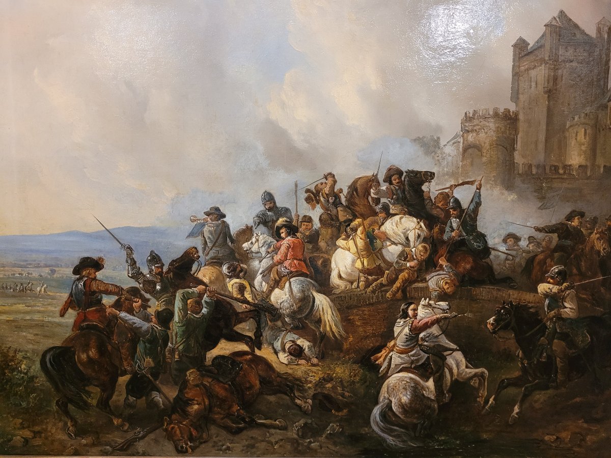 “Scena di battaglia con assalto a una città fortificata” Scuola fiamminga seconda metà del XVII-photo-3