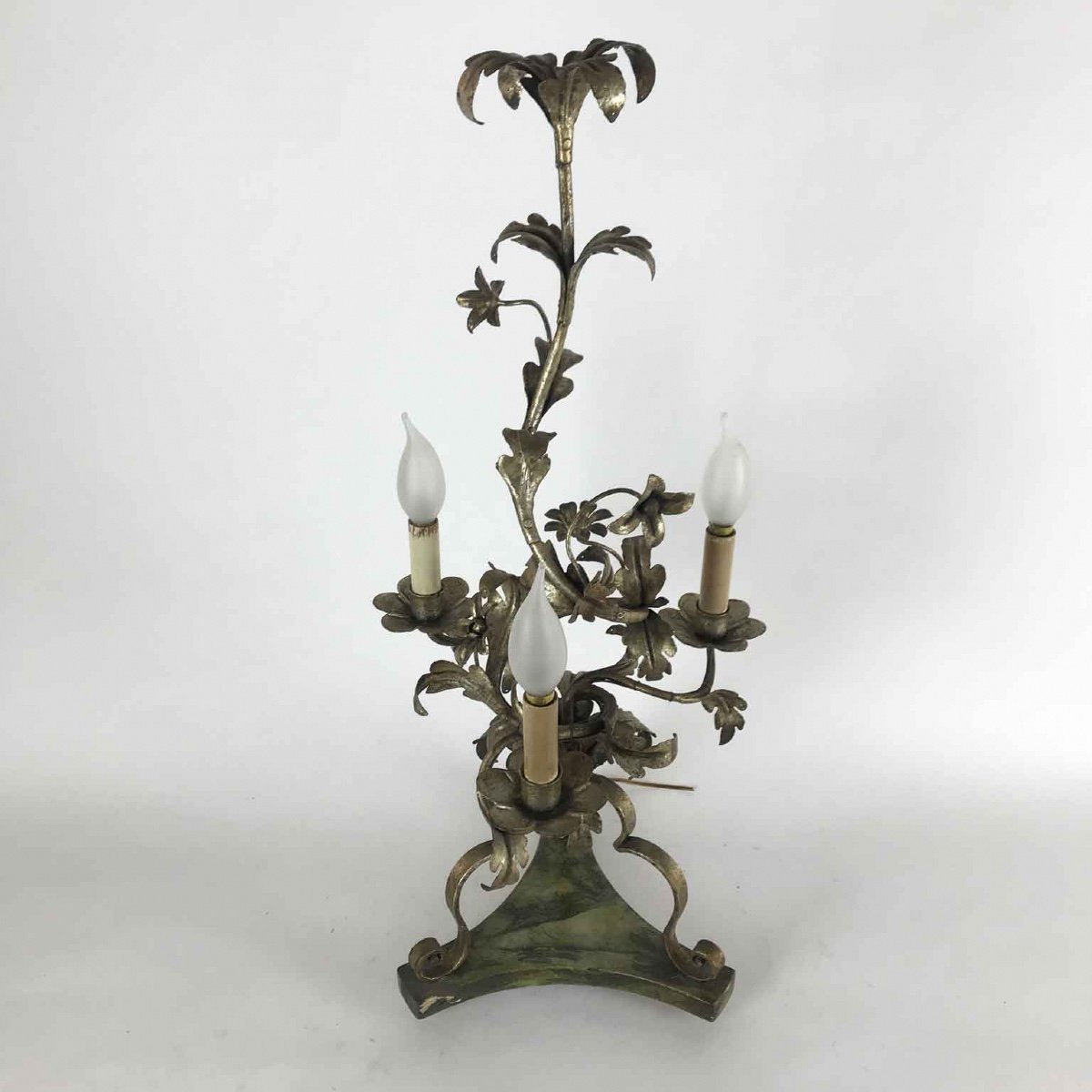 Pair Of Italian Candelabra 20th Century Silver-leaf Wrought Iron Foliate Lamps-photo-3