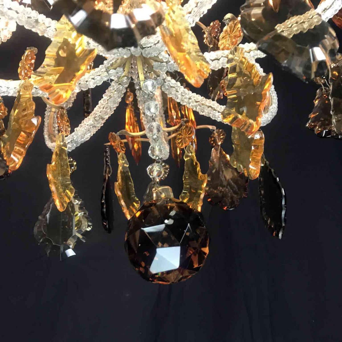 Lampadario  Perlinato in Cristallo Trasparente e Ambra a Cinque Luci-photo-1