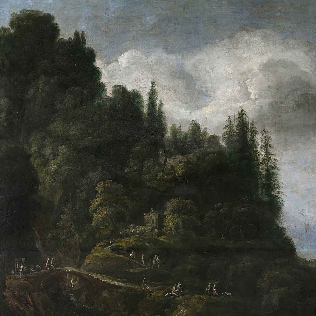 Grande Paesaggio Montano Animato con Architetture degli inizi del 1700-photo-1