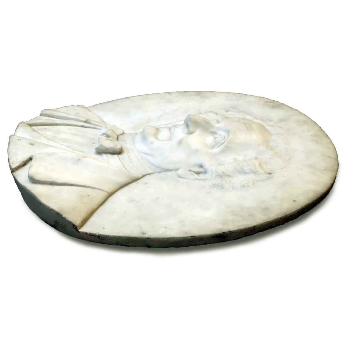 Bassorilievo Ovale in Marmo Bianco con Ritratto Virile-photo-2