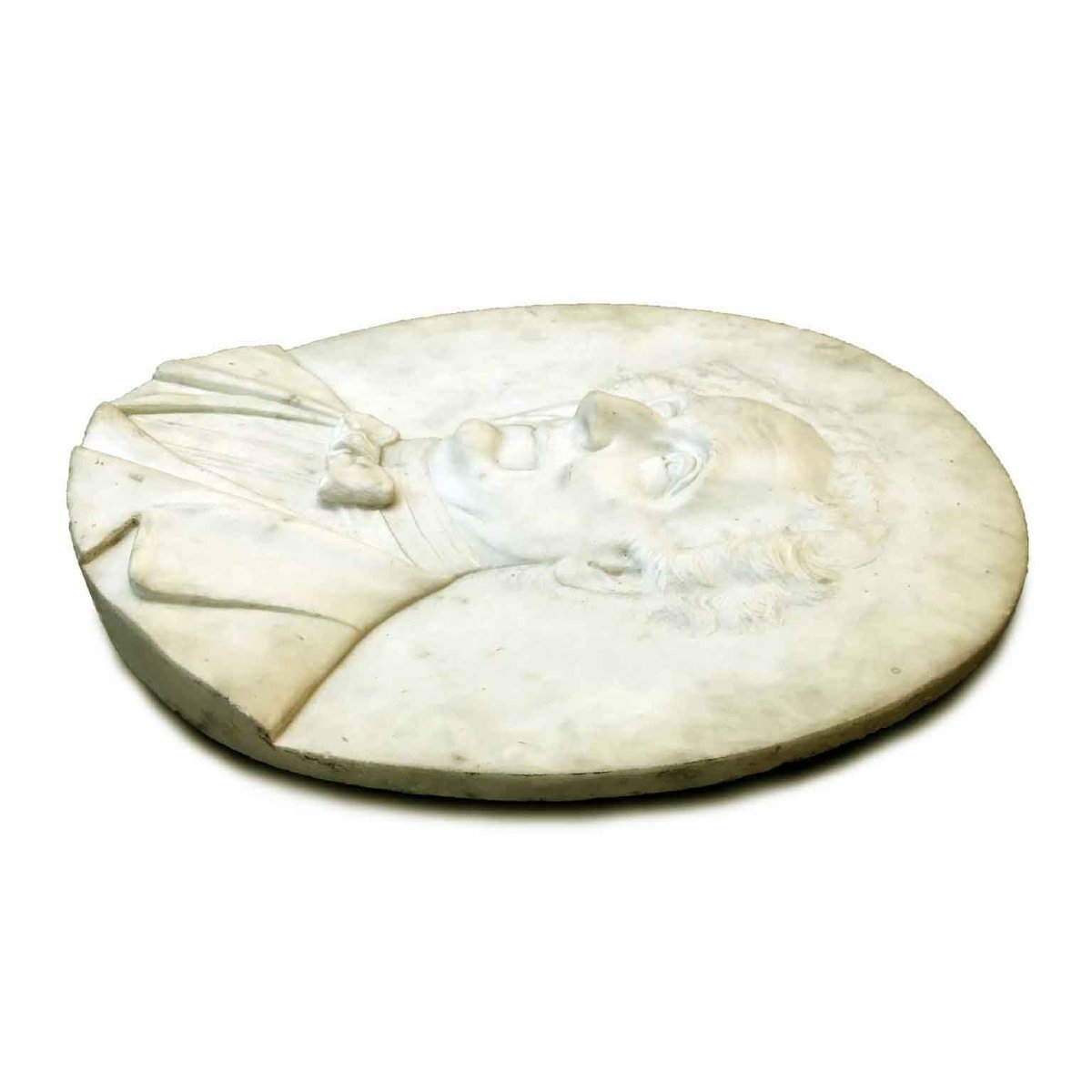 Bassorilievo Ovale in Marmo Bianco con Ritratto Virile-photo-1