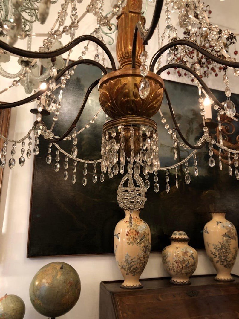 Lampadario Luigi XVI Genovese in Legno Dorato e Cristalli Fine 1700 Otto Luci-photo-6
