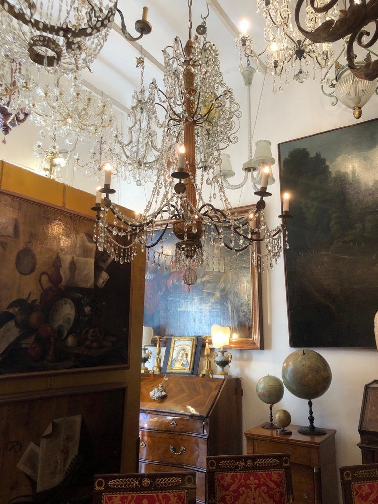 Lampadario Luigi XVI Genovese in Legno Dorato e Cristalli Fine 1700 Otto Luci-photo-7