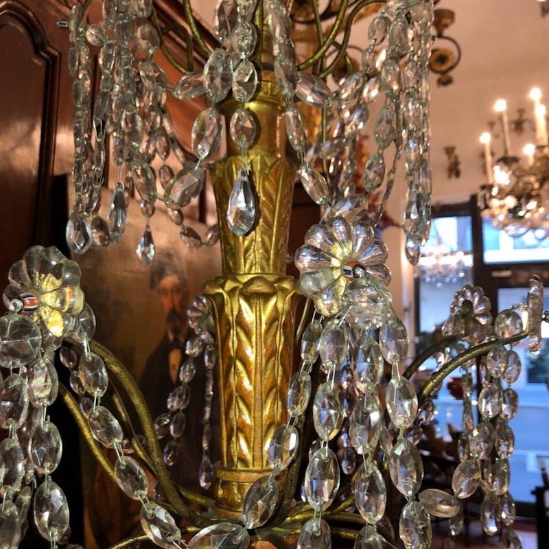 Lampadario Luigi XVI Genovese in Legno Dorato e Cristalli Fine 1700 Otto Luci-photo-8