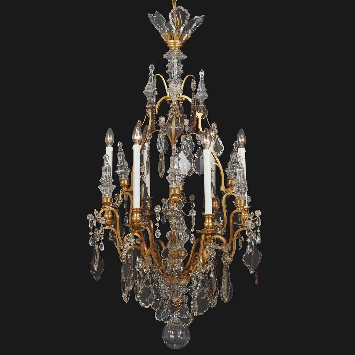 Lampadario Francese Inizi 1900 Bronzo Dorato e Cristallo-photo-3