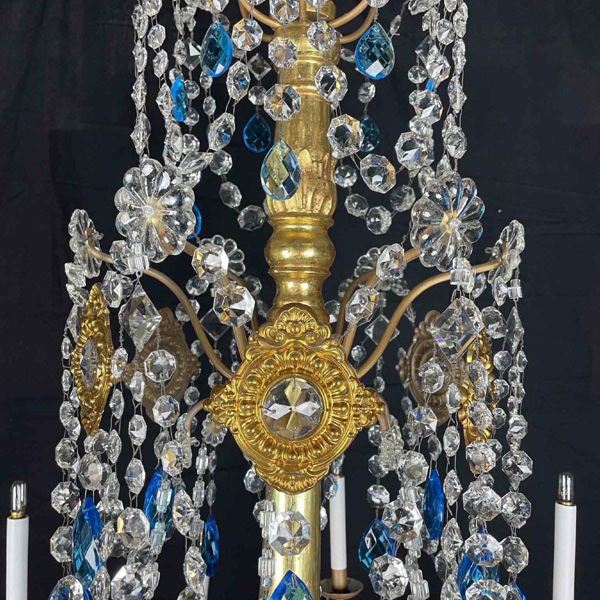 Lampadario Genovese Italiano Impero 1780 in Legno Dorato e Cristallo Dodici Luci-photo-6