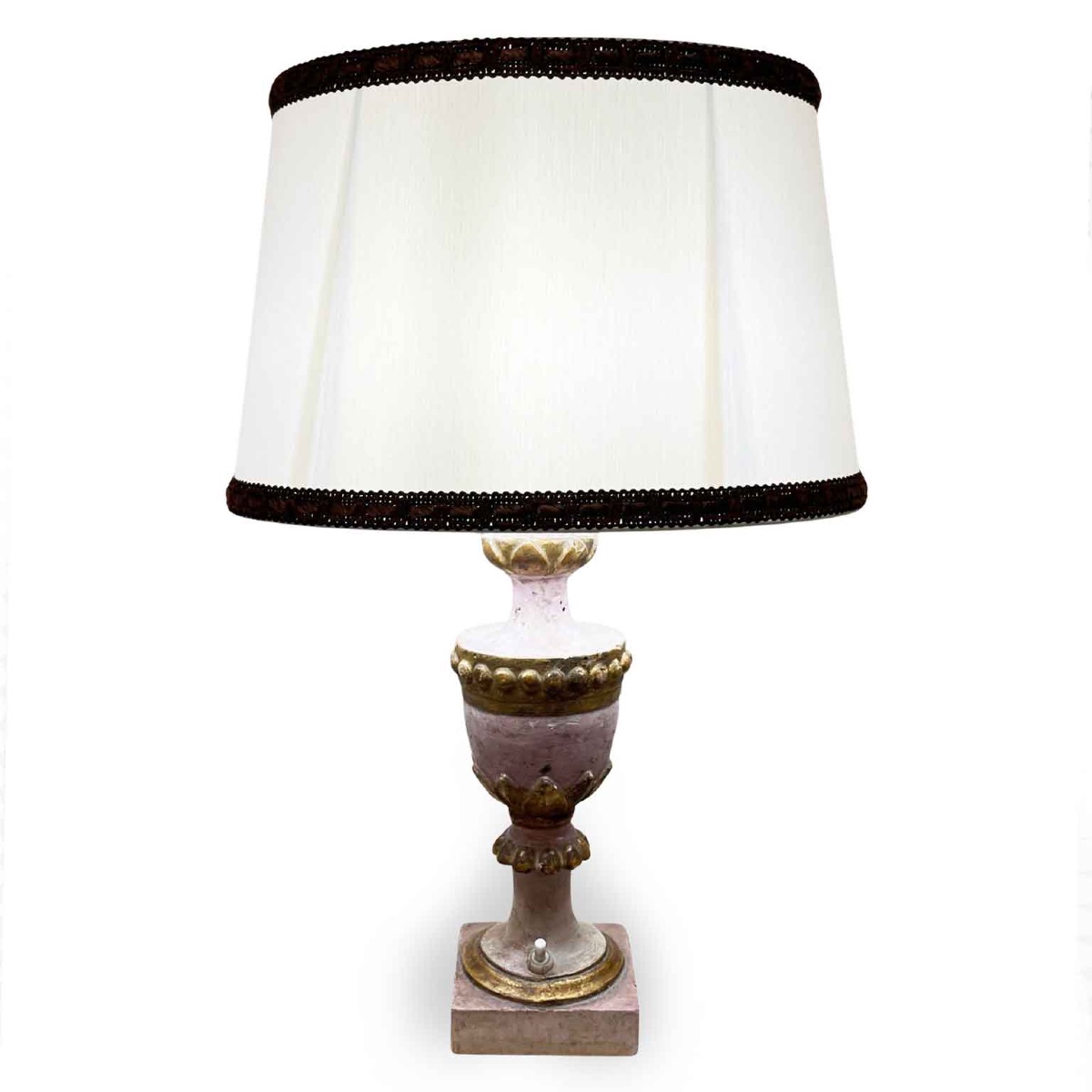 Coppia Di Lampade Da Comodino 1800 Vasi in Legno Intagliato Laccato in Rosa e Dorato-photo-3