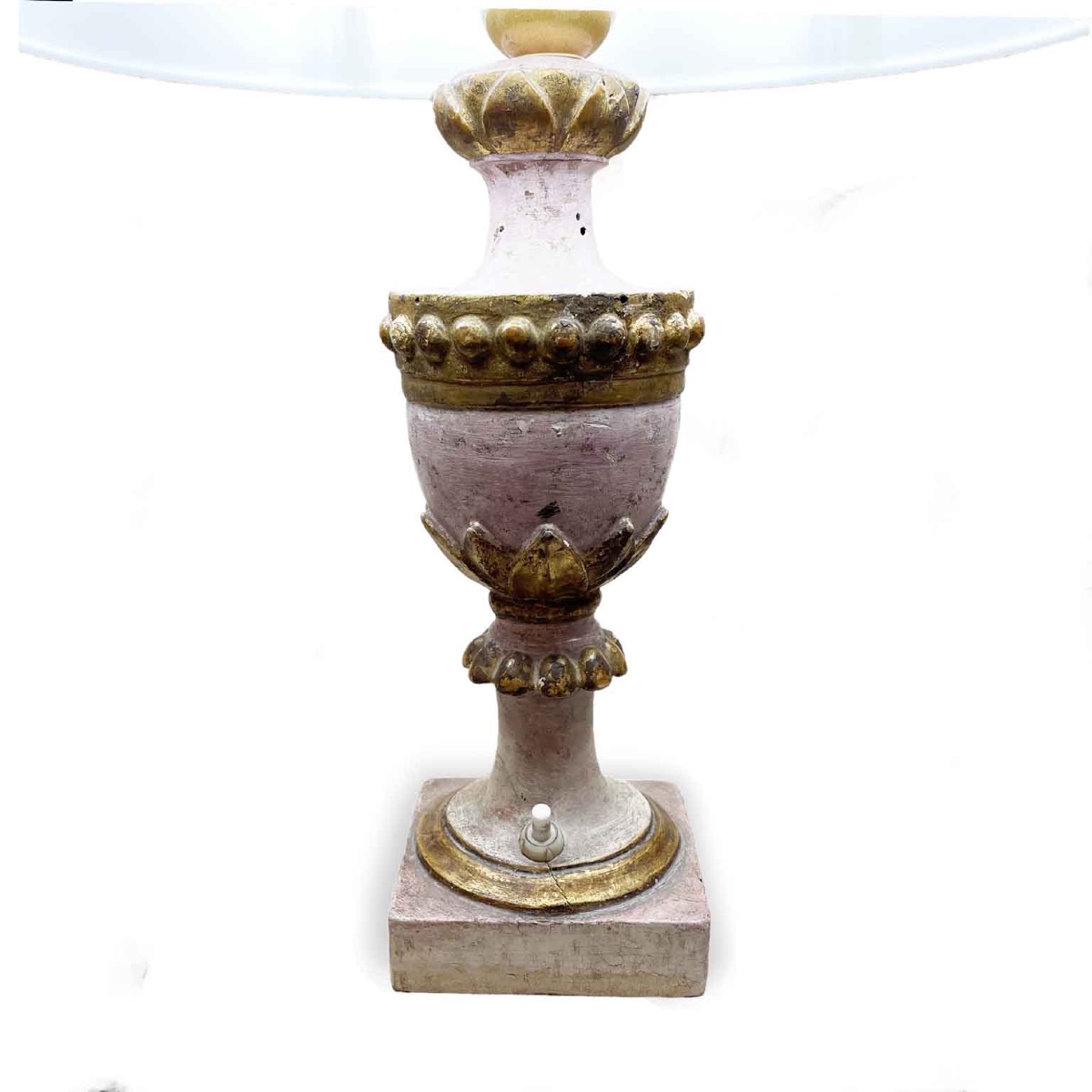Coppia Di Lampade Da Comodino 1800 Vasi in Legno Intagliato Laccato in Rosa e Dorato-photo-4