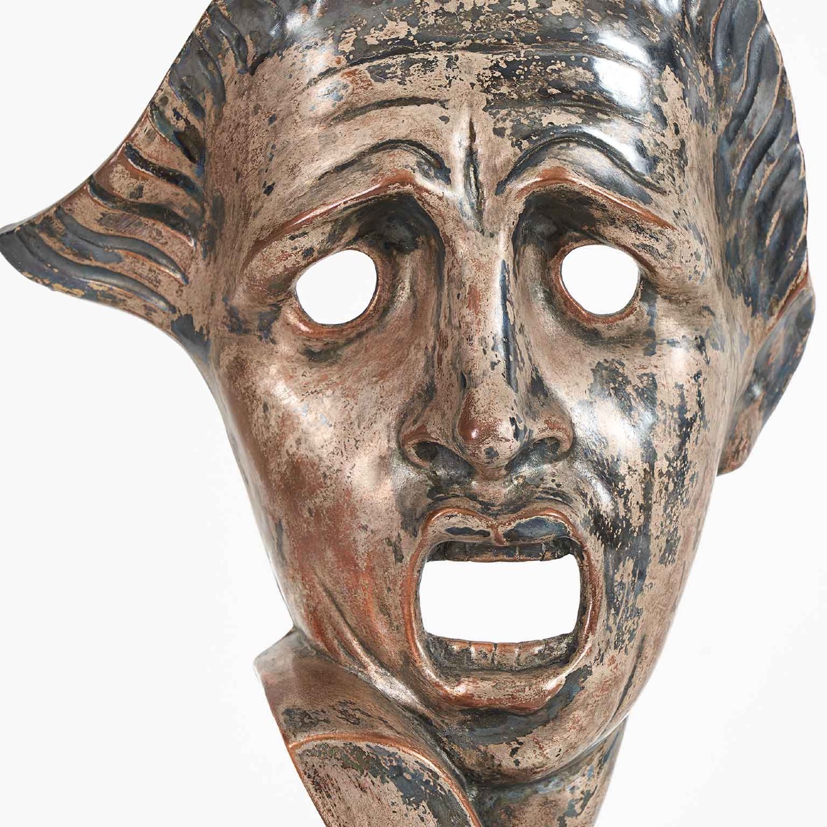 Maschera Tragica Art Deco In Ceramica Argentata del Napoletano Cacciapuoti 1930s-photo-3