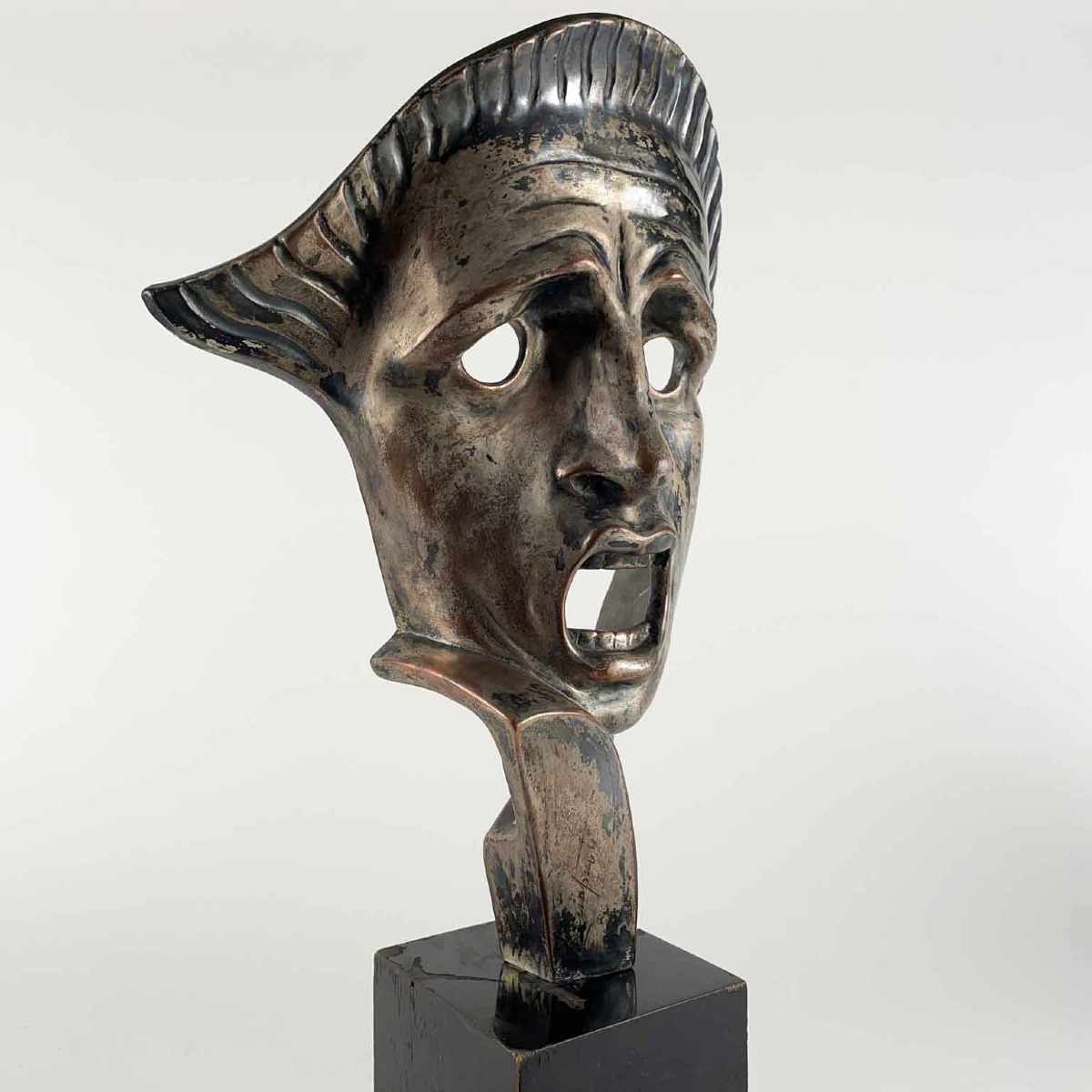 Maschera Tragica Art Deco In Ceramica Argentata del Napoletano Cacciapuoti 1930s-photo-4
