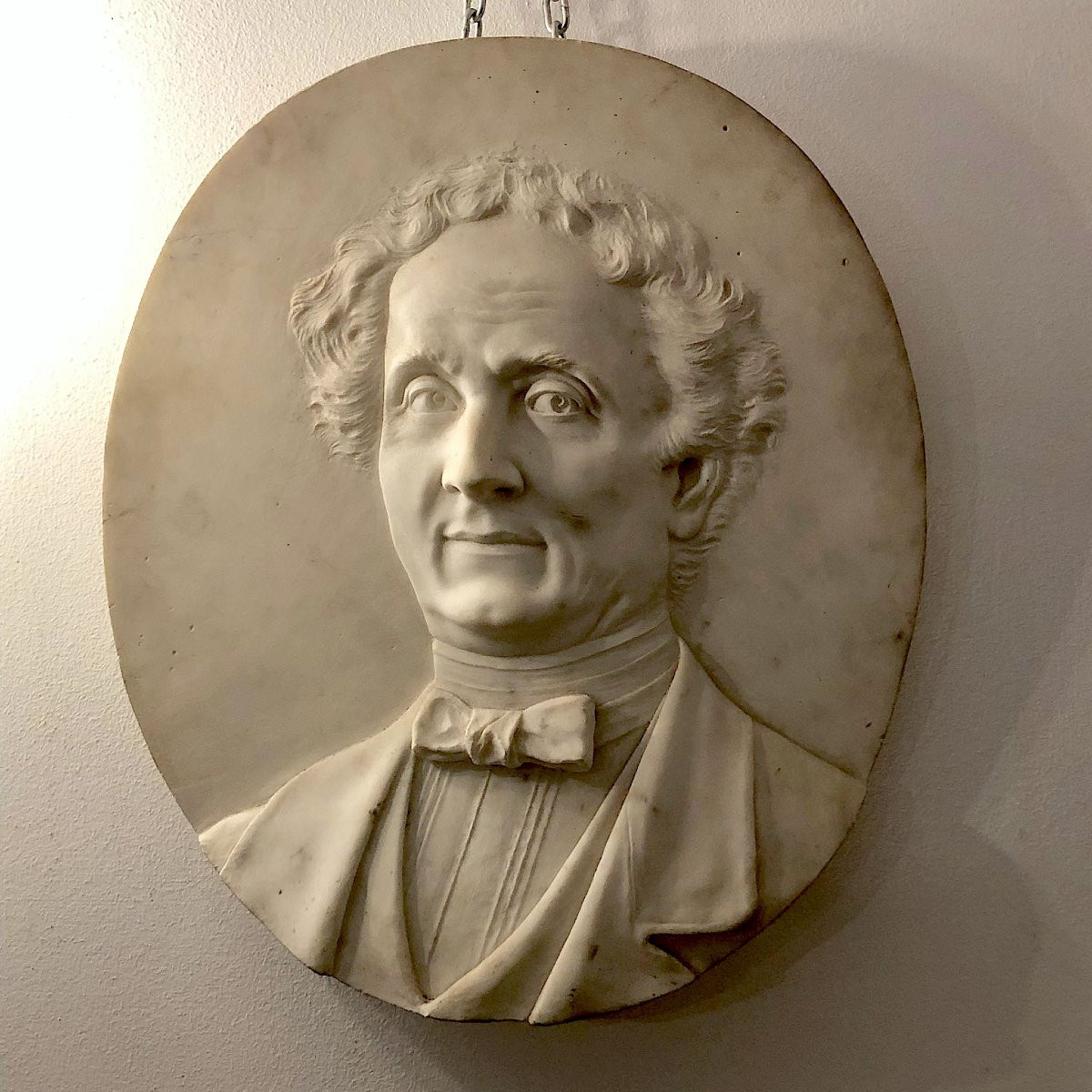 Bassorilievo Ovale in Marmo Bianco con Ritratto Virile-photo-4