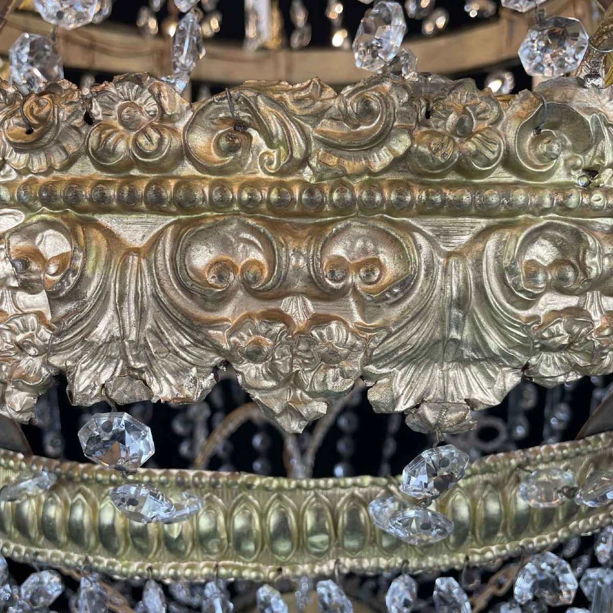 Grande Lampadario Impero Fine 1700 A 18 Luci In Cristallo E Ottone Dorato-photo-2