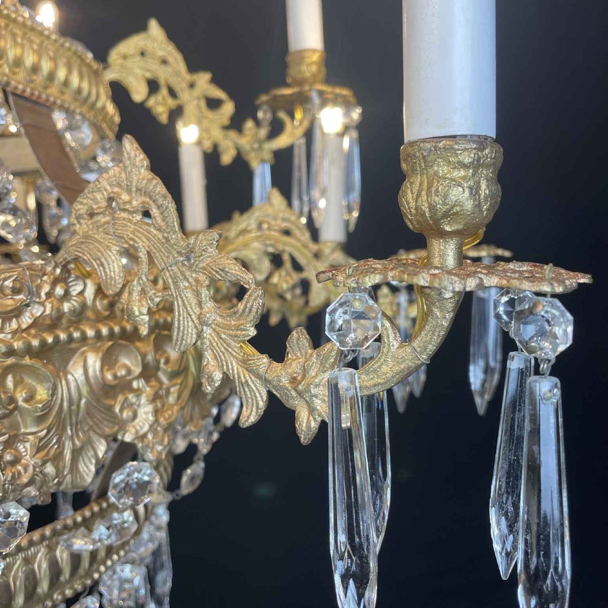 Grande Lampadario Impero Fine 1700 A 18 Luci In Cristallo E Ottone Dorato-photo-3