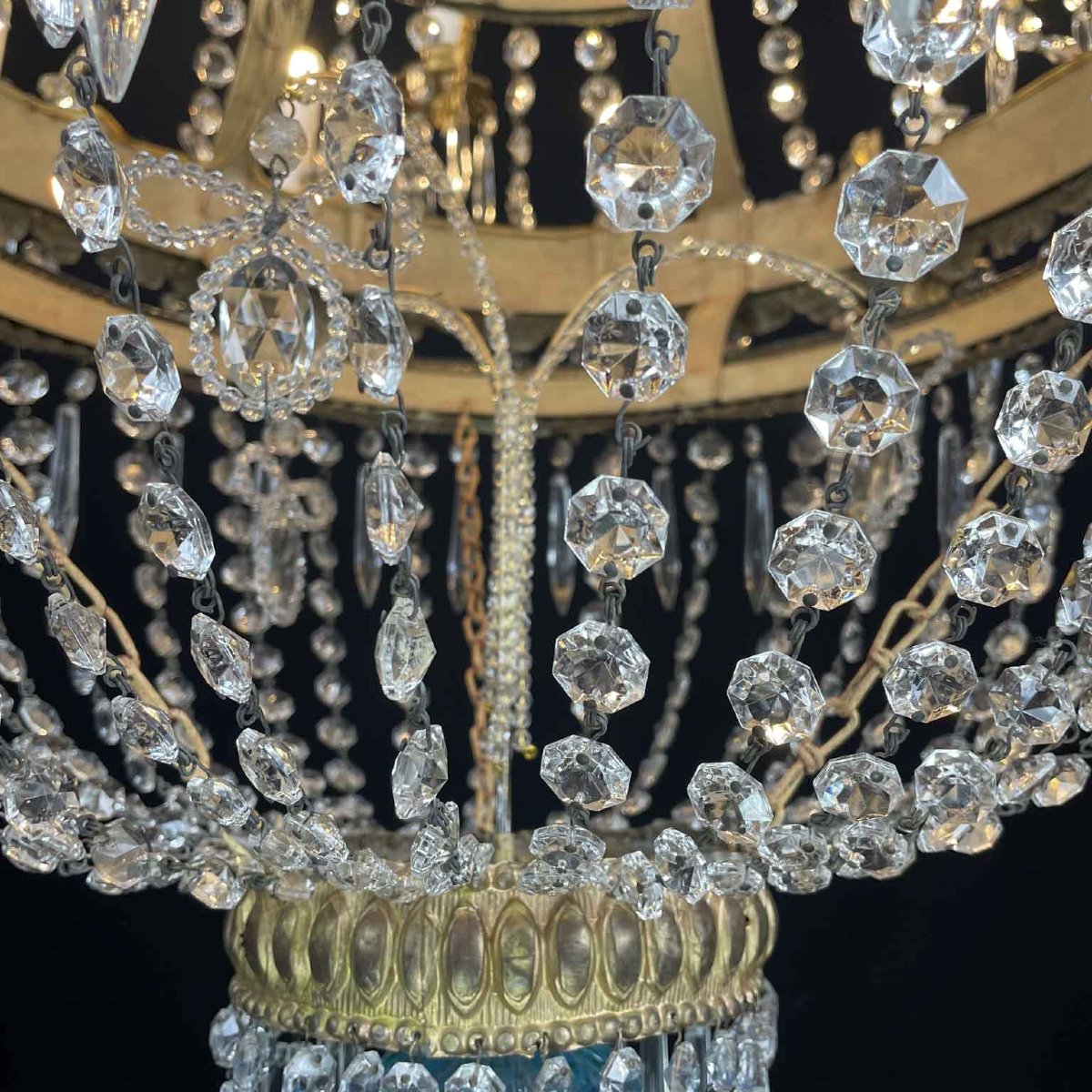 Grande Lampadario Impero Fine 1700 A 18 Luci In Cristallo E Ottone Dorato-photo-4