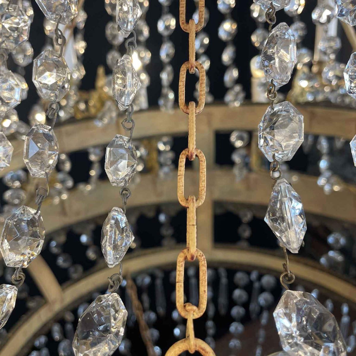 Grande Lampadario Impero Fine 1700 A 18 Luci In Cristallo E Ottone Dorato-photo-5