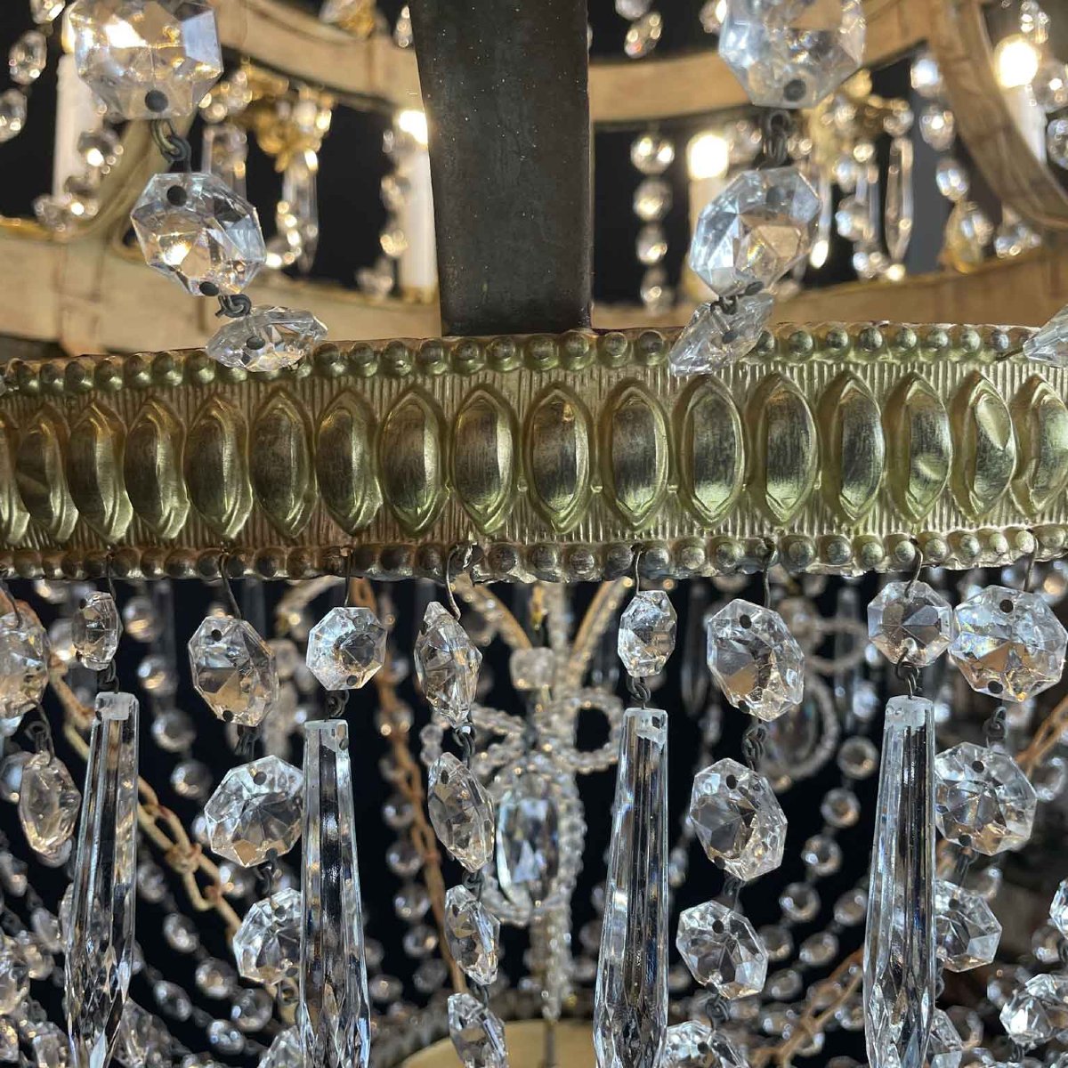 Grande Lampadario Impero Fine 1700 A 18 Luci In Cristallo E Ottone Dorato-photo-6