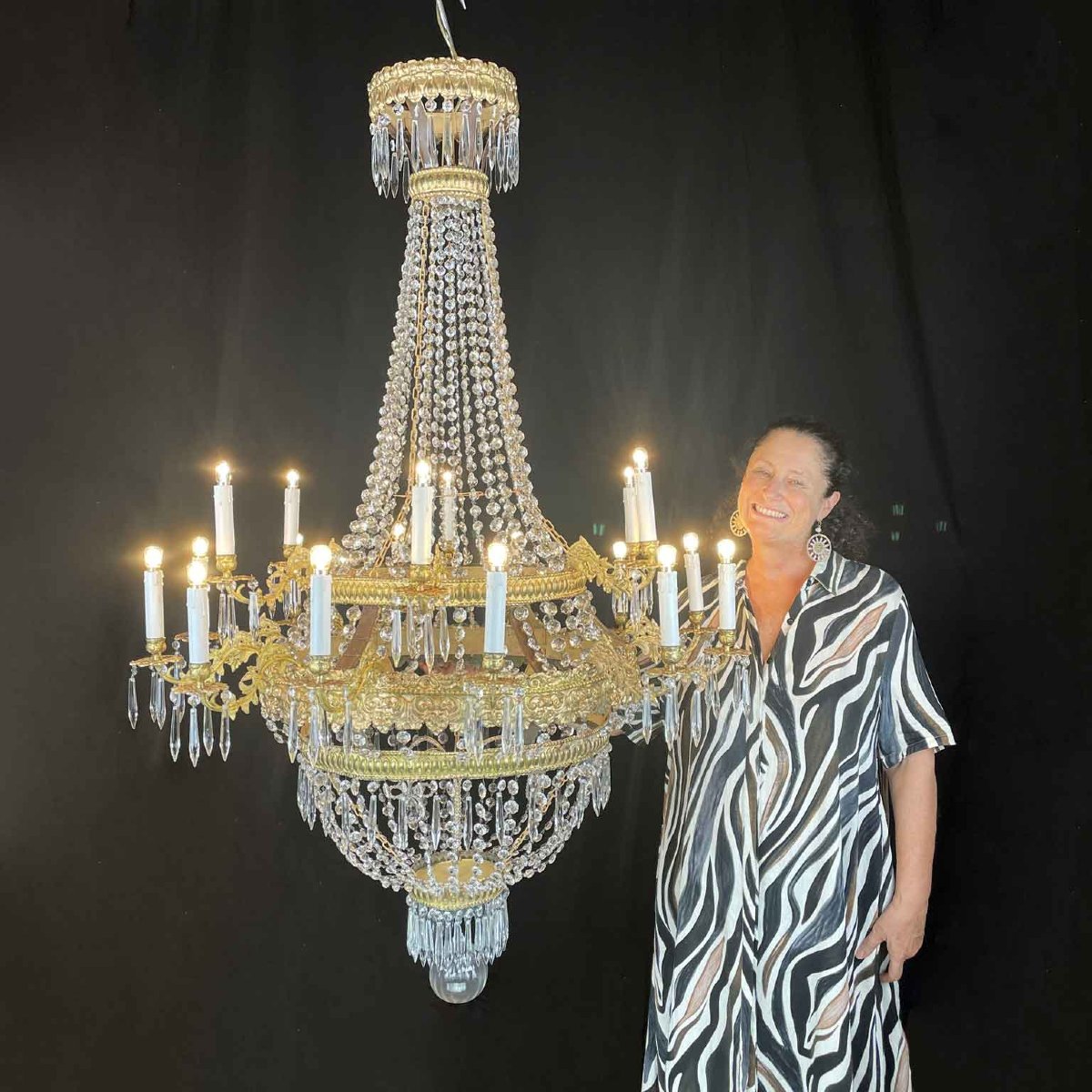 Grande Lampadario Impero Fine 1700 A 18 Luci In Cristallo E Ottone Dorato-photo-8