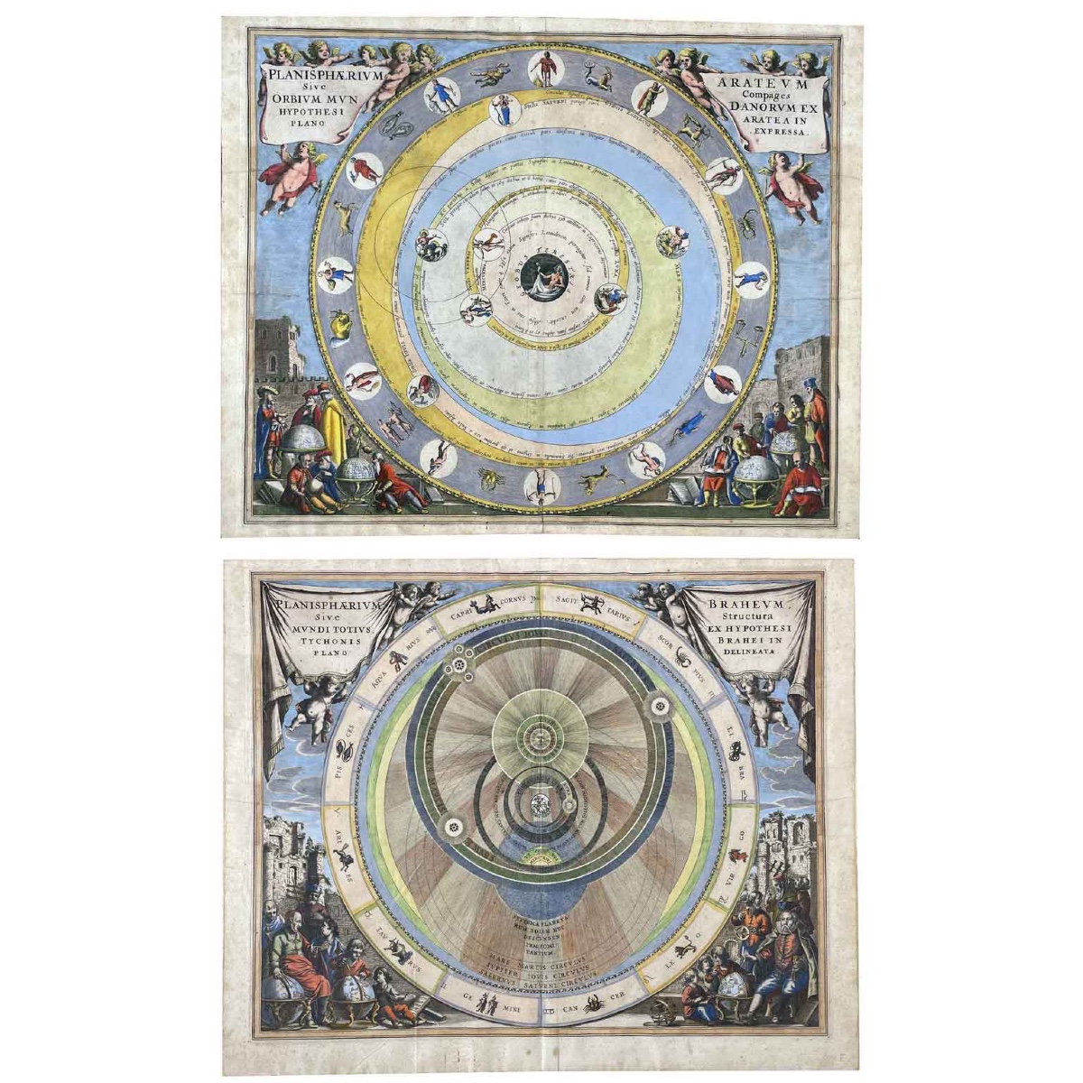 Cellarius Andreas Coppia di Mappe Celesti Acquarellate XVIII Secolo