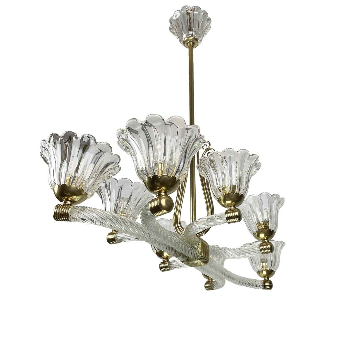 Lampadario Veneziano Barovier a Otto Luci in Vetro di Murano Art Deco XX Secolo-photo-1