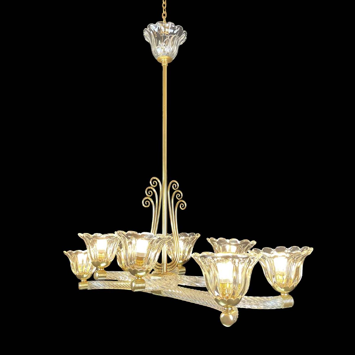 Lampadario Veneziano Barovier a Otto Luci in Vetro di Murano Art Deco XX Secolo