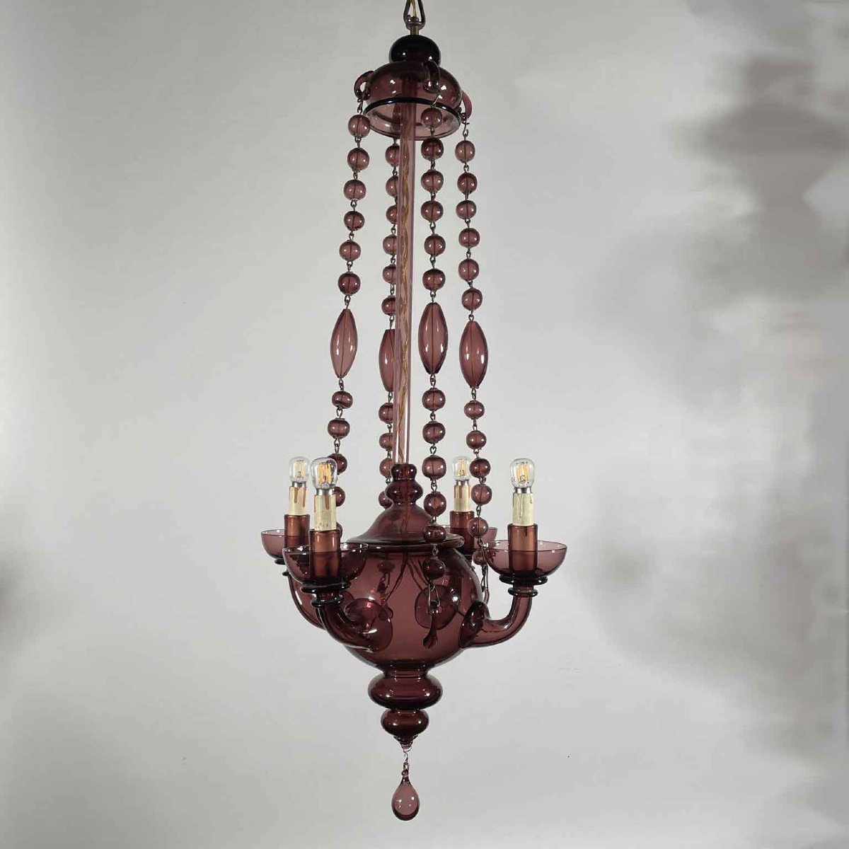 Lampadario Veneziano In Vetro Soffiato Color Ametista Primi 1900-photo-3